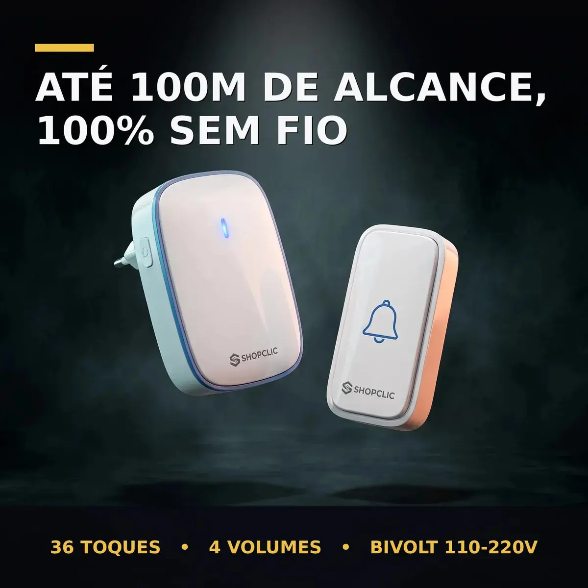 Campainha Sem Fio Residencial Longo Alcance 100m Bivolt 127/220v Shopclic Branco 36 Toques Musicais Volume Alto Ajustável Resistente à Água Receptor de Tomada Botão para Portão e Muro Sem Obra thumbnail 2