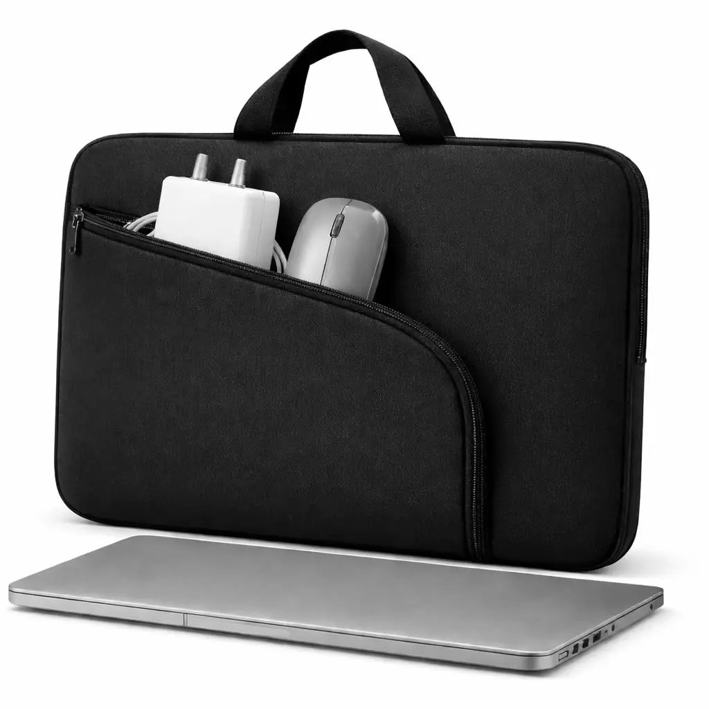 Capa para Notebook Preta 15.6" Polegadas Alça Reforçada e Bolso Frontal - 2 Bolsos c/Zíper - A Prova d'água - Case Slim e Elegante - Trabalho, Faculdade, Viagem - Material Macio e Impermeável