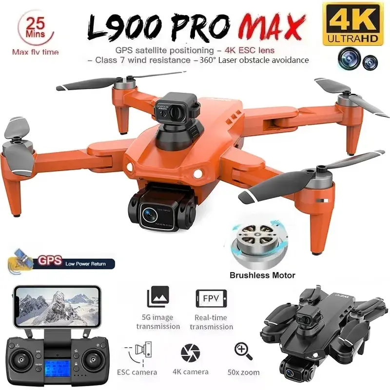 L900 Pro MAX GPS Drone 4K Profissional HD Câmera Dupla 5G Wifi 360 ° Brinquedo de drone RC quadricóptero dobrável sem escova para evitar obstáculos