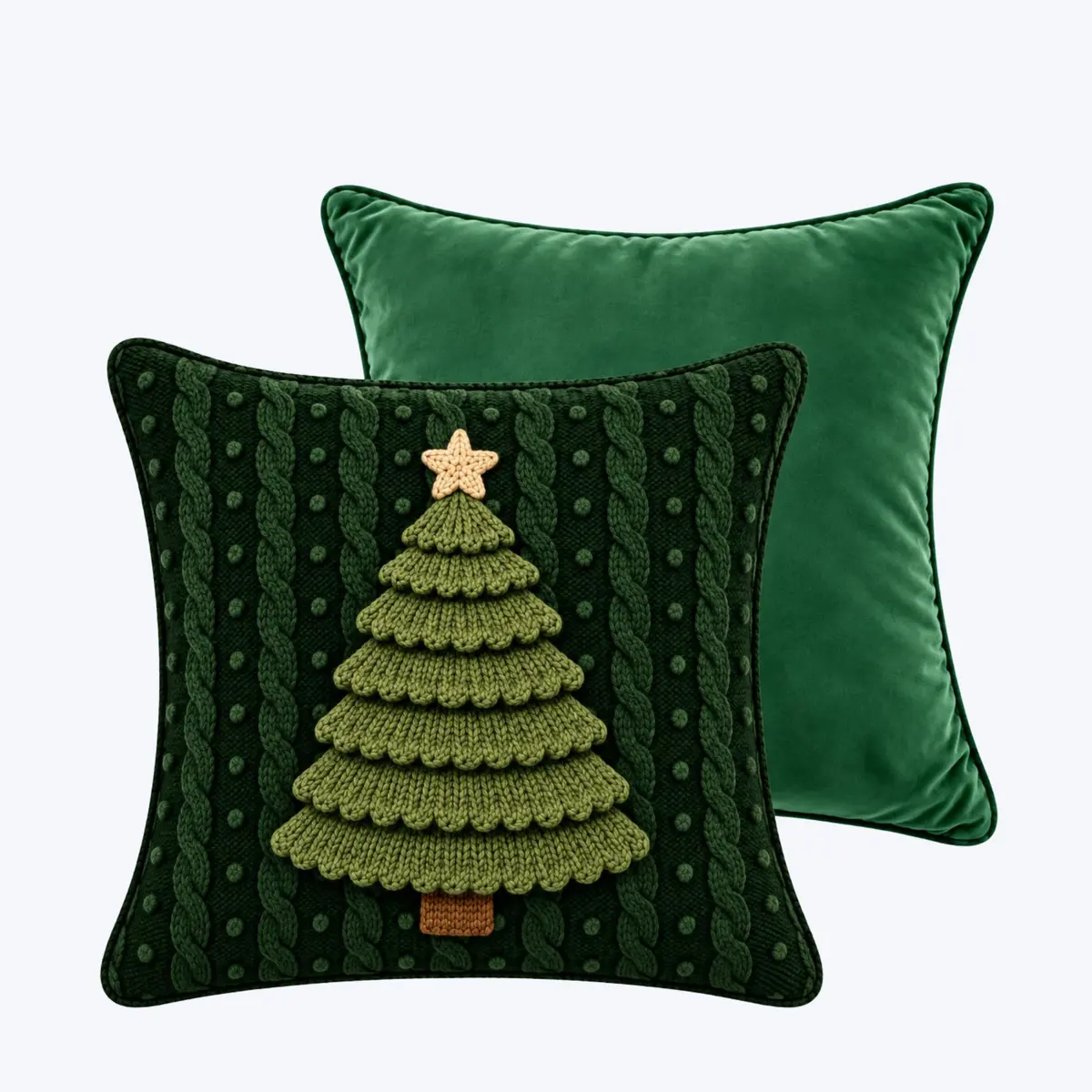 Kit de Capas de Almofadas Natalinas (Verde, Arvoreverde) | Lisa em Veludo - Estampada em Linho -A Estampa da Capa de Linho é Feita Em Imagem Subliminada