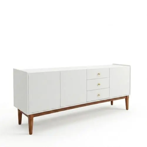 Buffet Aparador 180cm 3 Portas 3 Gavetas MDP Pés Madeira Sala Jantar (BRANCO) - 1