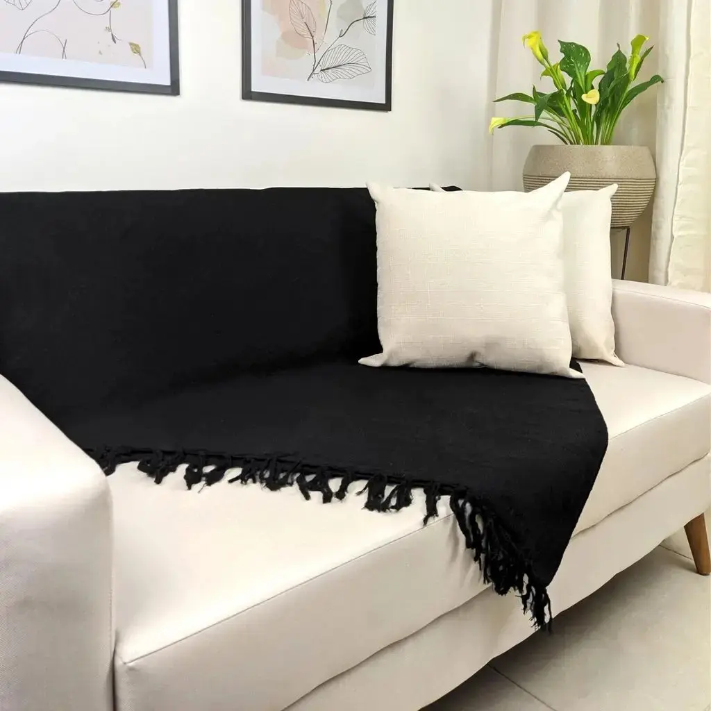 Manta Preta Para Sofá Naell 100% Algodão 240x180cm com Franjas