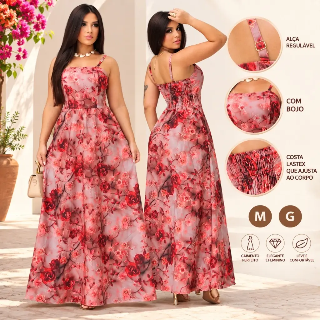 Vestido Longo Floral Feminino Elegante com Alça Fina Estampado Vermelho Moda Verão Festa Casual 2026