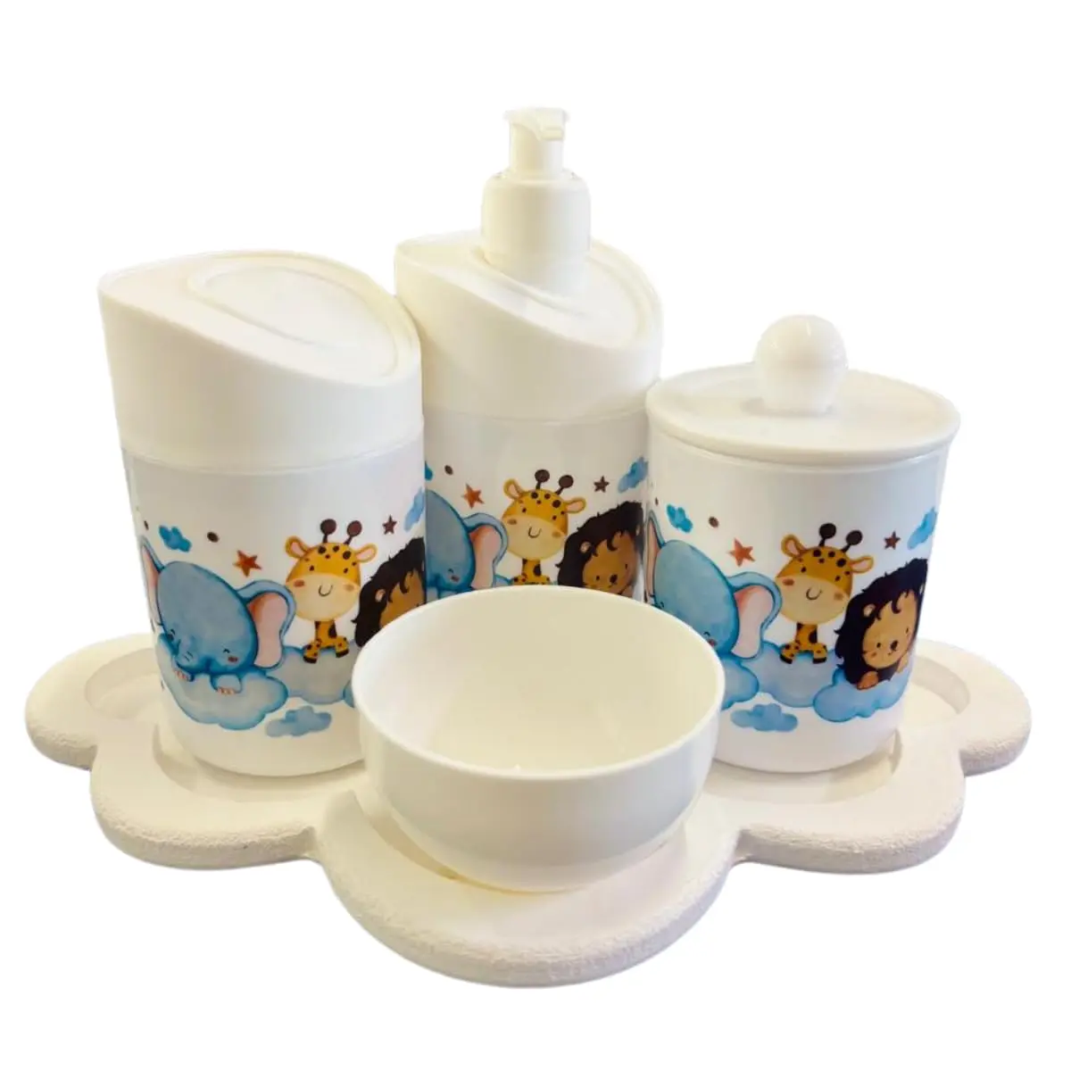 Kit Higiene Bebê Safari Hora Do Sono C/bandeja MDF (Nuvem Branca/Branca)