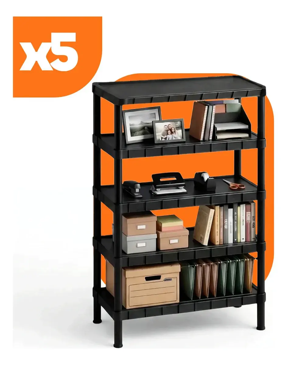 Kit 5 Estante Plastica Modular Prateleiras Multiuso Grande Organizadora Preta Super Resistente Armário Para Lavanderia Livros Cozinha Banheiro Sala Quarto Sapateira Bandeja Organizador Libery Casa