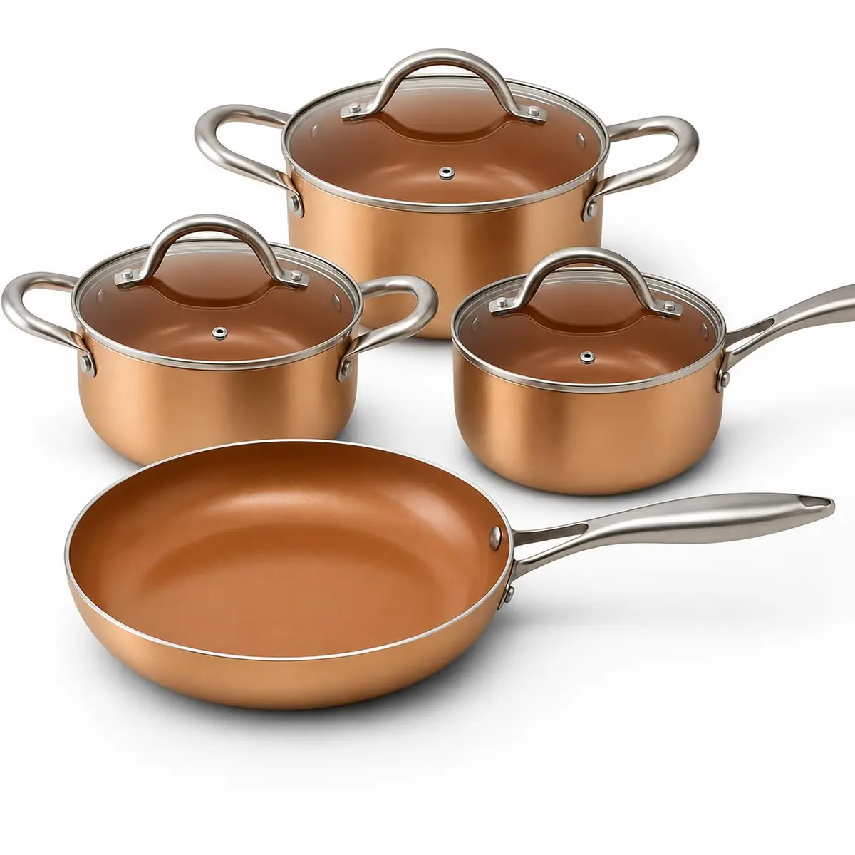 Conjunto de Panelas Antiaderente com Revestimento Cerâmico, Cabo Bifurcado Ergonômico (Champagne Gold)