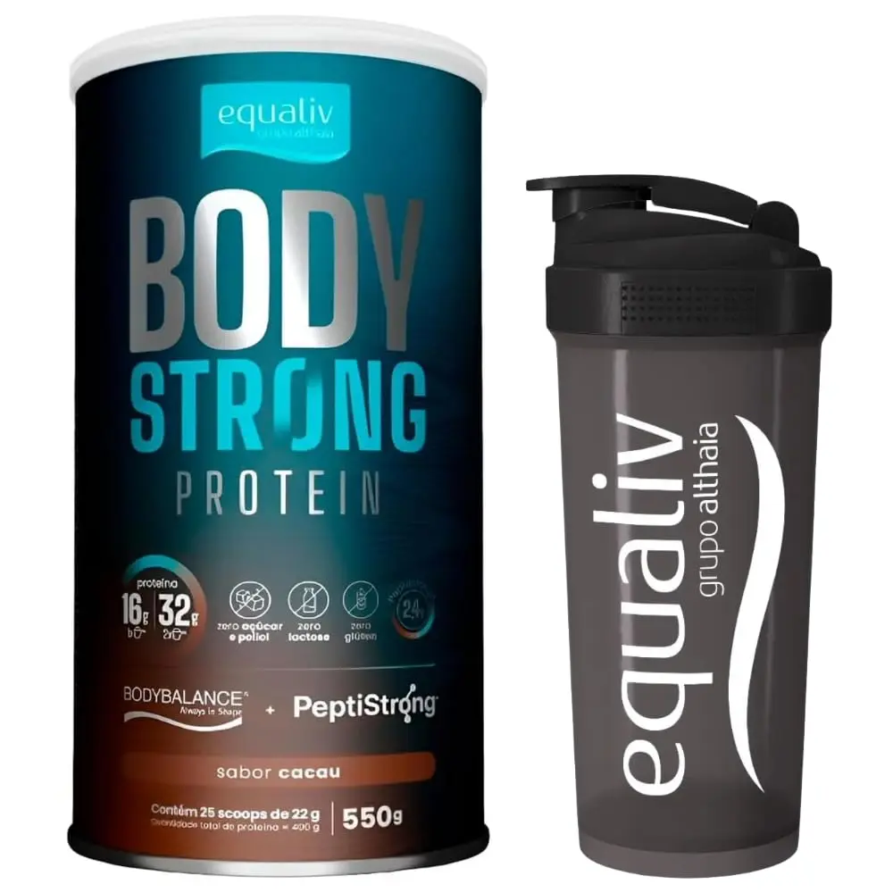 Combo Equaliv - Body Strong Protein Cacau 550g - Proteína de Colágeno e Proteína da Fava PeptiStrong + Coqueteleira Oficial