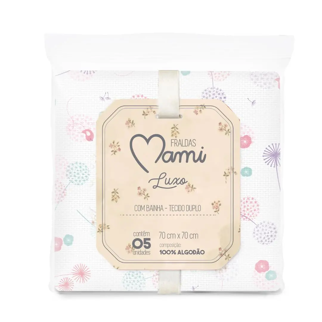 Papi Textil Fralda Luxo Mami c/Bainha Estampada 68x68cm Contém 05 Un