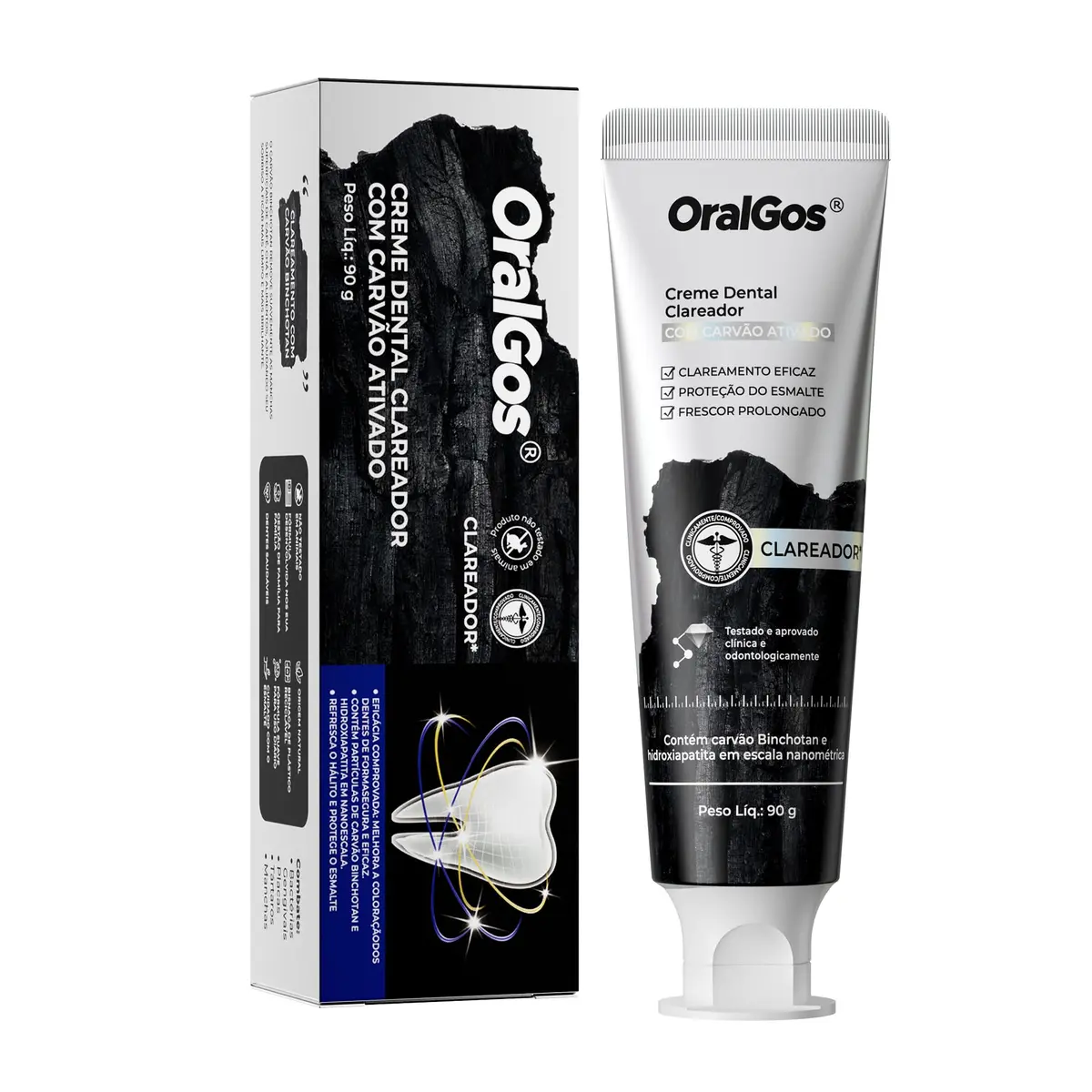 OralGos Creme Dental Clareador 90g, 1 Unidade | Carvão Binchotan para Limpeza Profunda, Hidroxiapatita Nanométrica Protege o Esmalte