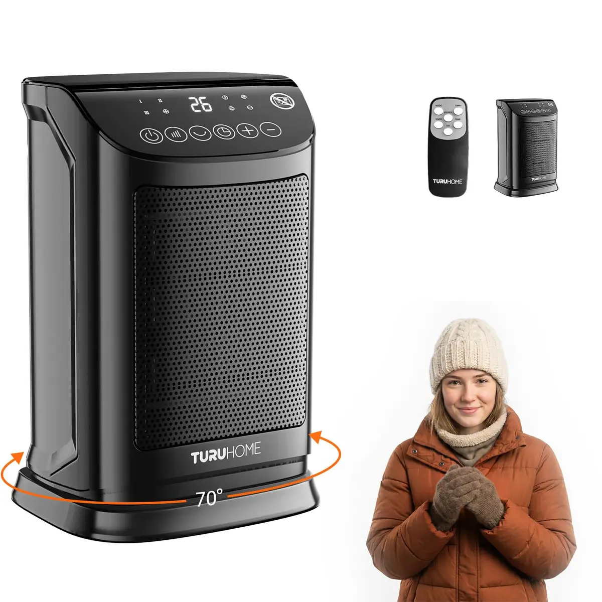 TURU HOME 4 em 1 Ventilador de Ar Frio e Aquecedor,Termostato 10°C a 30°C, Oscilação 70° Timer 12h Controle Remoto, Aquecedor Cerâmico PTC, Proteção térmica, Pequeno para Quarto Escritório (127V) - 1