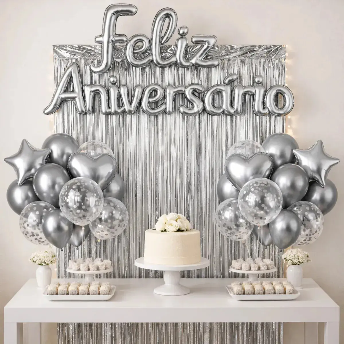 Kit Balão Feliz Aniversário Festa Cortina Faixa Decoração Prata