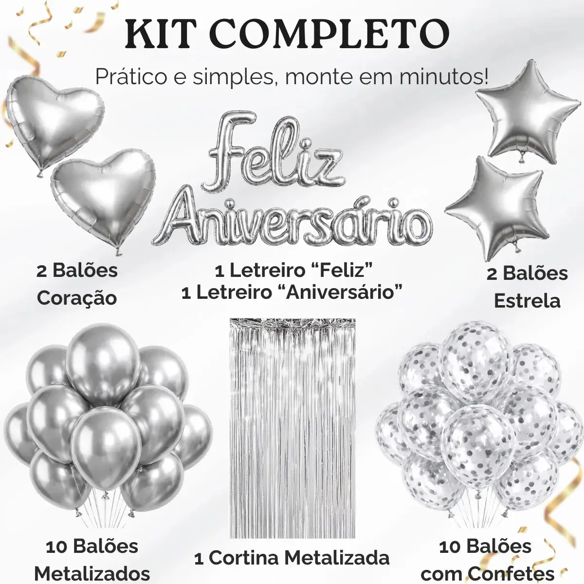 Kit Balão Feliz Aniversário Festa Cortina Faixa Decoração Prata thumbnail 2