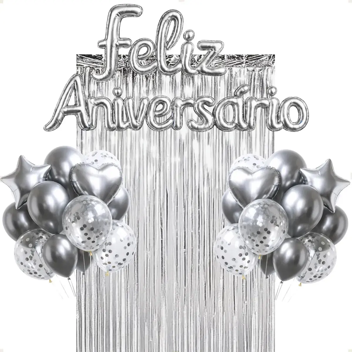 Kit Balão Feliz Aniversário Festa Cortina Faixa Decoração Prata thumbnail 7