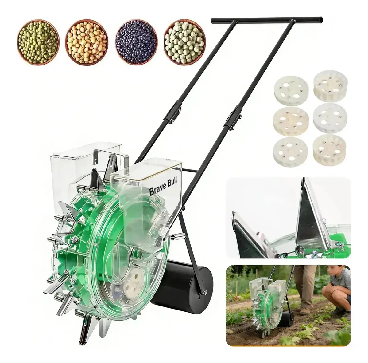 Plantadeira Adubadeira Empurrar Automática Soja Milho Brave Bull equipada com discos trocáveis para ajustar a quantidade de sementes. Ideal para plantio em hortas e pequenas áreas rurais