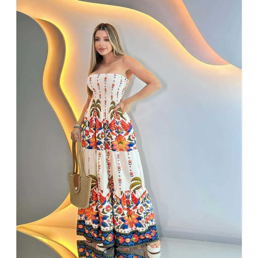 Vestido Longo  feminina Tomara que Caia Con Elastex Estampado Cores De Verão