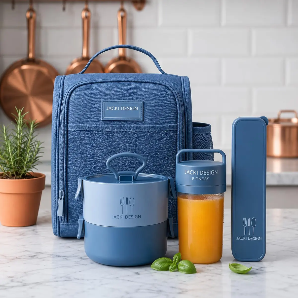 Kit 4 Peças Bolsa térmica com Porta talher, Pote de Marmita 2 Andares e Garrafa 430ml Para Armazena Alimentos Viagem Primum (Azul) - 1