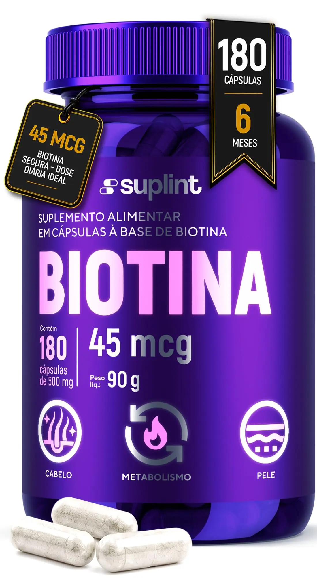 Biotina 45 mcg – Cápsulas Veganas para Cabelo, Pele e Unhas | Suplemento Vitamínico Natural | Sem Glúten, Sem OGM | 180 Cápsulas