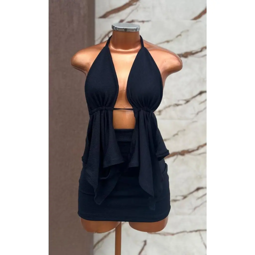 Conjunto Feminino Cropped Frente Única e Saia Curta Malha Crepe Tendência Moda Gringa Paty Blogueira Verão