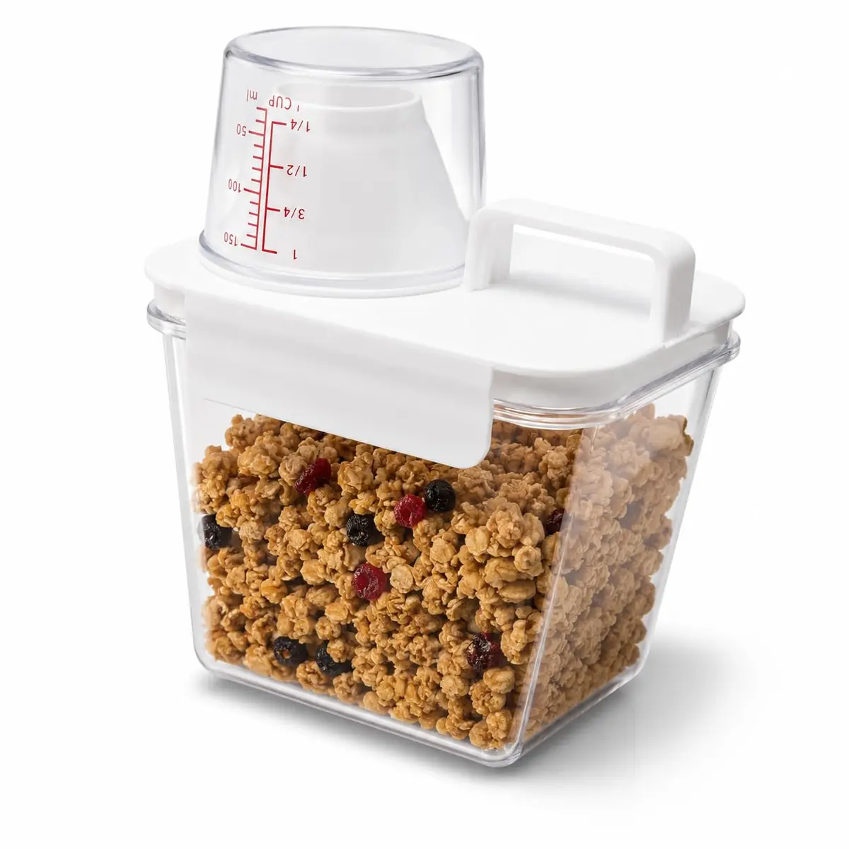 Pote Hermético Multiuso 1100ml com Copo Medidor e Bico Dosador, Organizador para Cereais, Arroz, Feijão, Ração Pet e Sabão em Pó, Recipiente com Travas Laterais e Alça