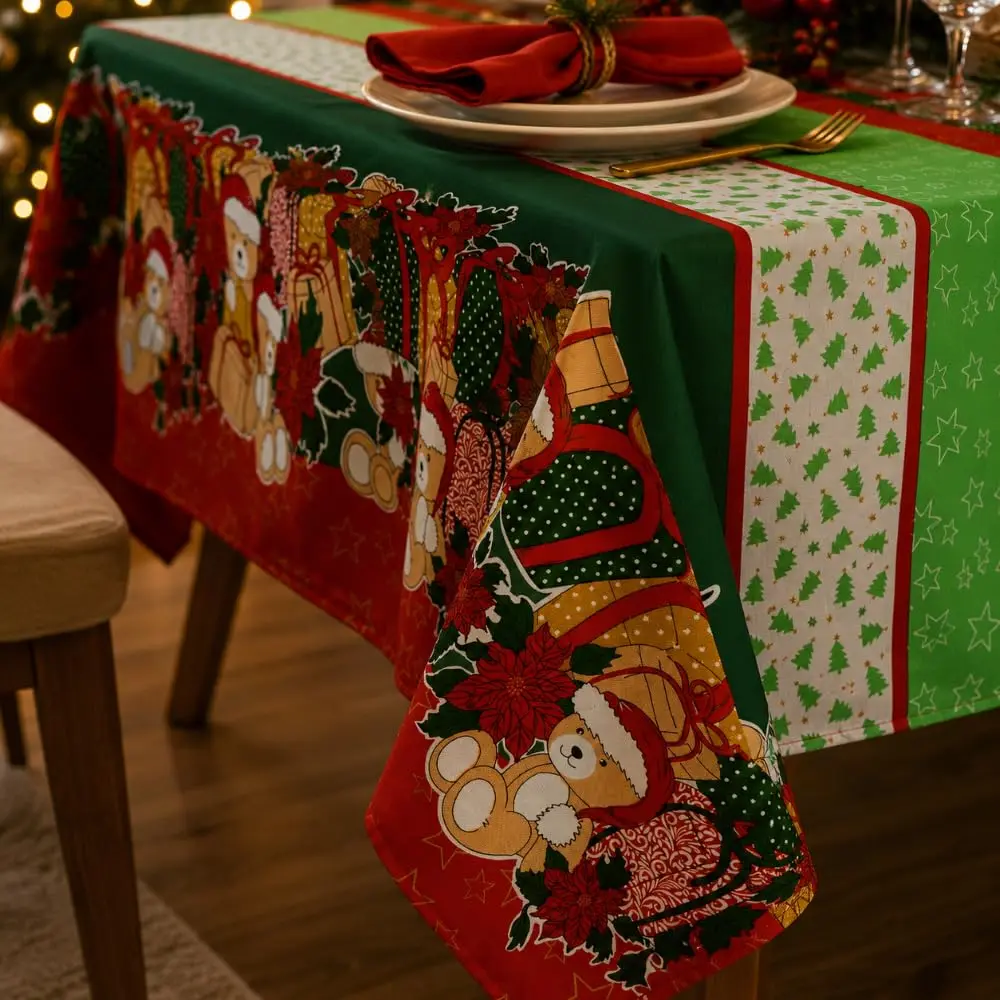 Toalha de Mesa 2,20m x 1,50m Oxford Estampada Natalina Natal Para Mesa De 6 lugares (Ursinhos 2) - 1