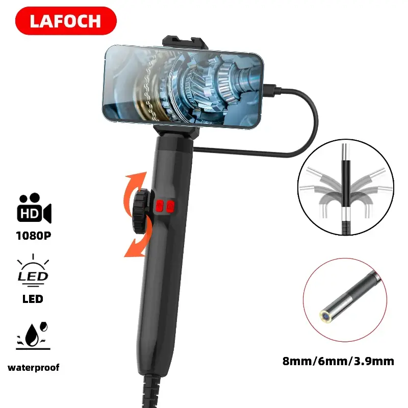 3,9 mm/6,2 mm/8,5 mm 360 °   Câmera articulada do endoscópio do boroscópio com luz, endoscópio com telefone Android/iOS