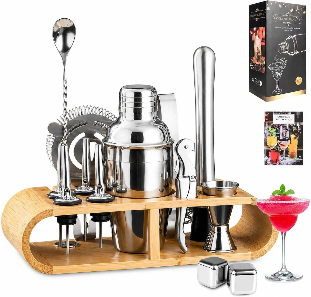 MYBEEM Kit Coqueteleira Profissional em Inox 304 630ml Suporte de Bambu | 12 Peças com Suporte de Bambu, Kit Bartender Completo para Drinks e Coquetéis, Ideal para Bar em Casa, Festas e Presentes - 1
