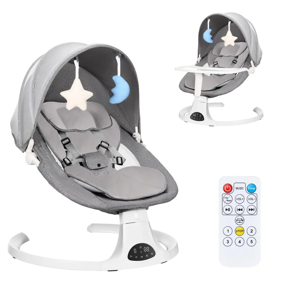 Hivento Cadeira de Balanço Elétrica para Bebê, Com Controle Remoto, Cinto de Segurança de 5 Pontos, 5 Velocidades, 3 Configurações de Temporizador, Capacidade Máxima de 15 kg, 10 Canções de Ninar