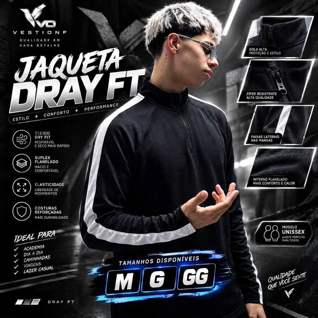 Jaqueta Esportiva Premium Unissex Dray FT Premium Suplex Flanelado Gola Alta com Zíper - 1