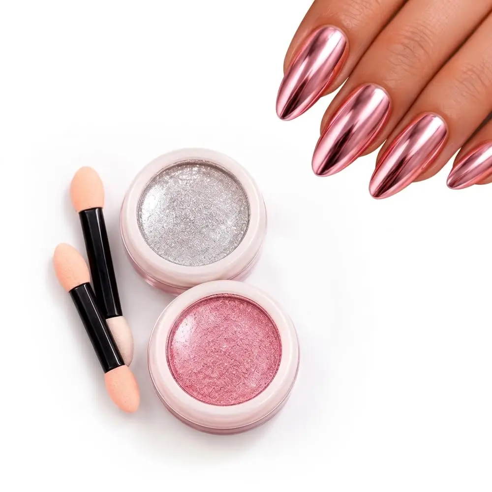 Pó Cromado para Unhas 2 Cores com Glitter e Aplicadores | 2 Cores, Glitter Incluído, Aplicadores Inclusos, Efeito Cromado - 1