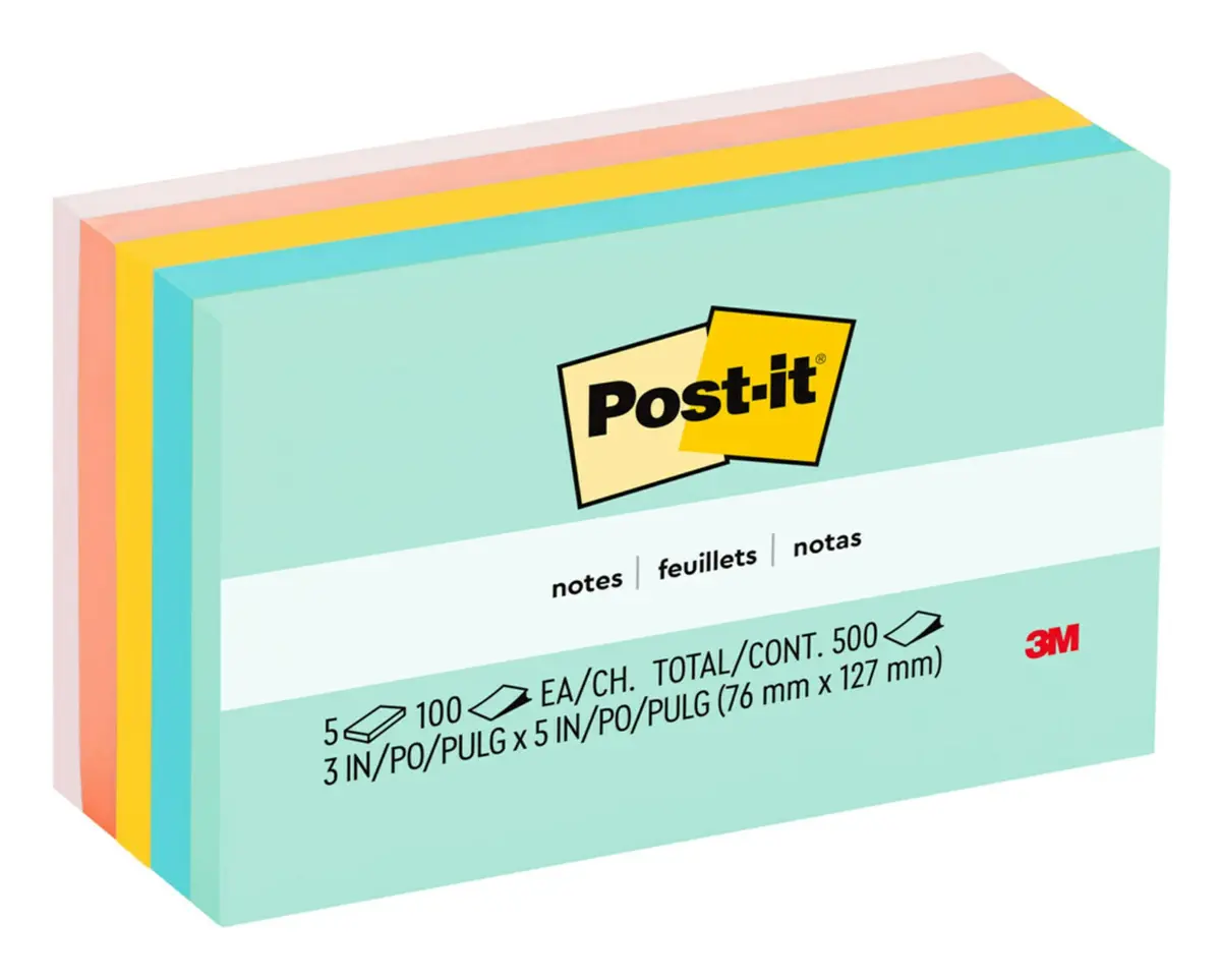 Post-it Observações, 7,6 x 12,7 cm, 5 blocos, notas adesivas favoritas número 1 dos EUA, coleção Marselha, cores pastel (rosa, menta, amarelo), reciclável (655-AST) - 1