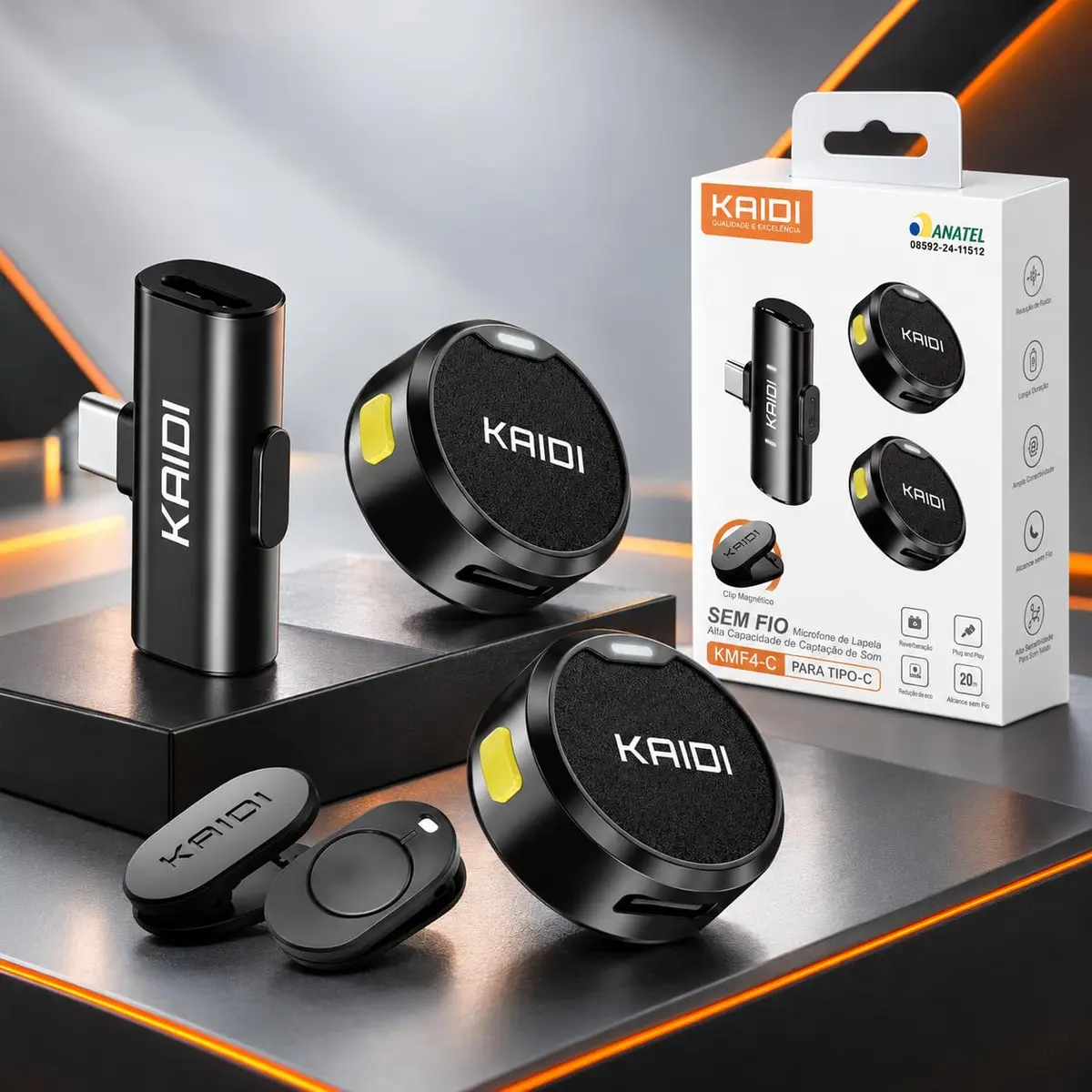 Microfone de Lapela Sem Fio Kit C/ 2 Un P/Celulares Com Conexão USB Tipo C, Iphone (15/16), Android, Podcast, YouTube, TikTok, Instagram, Entrevistas, Lives, Captação Profissional de Áudio, Bluetooth