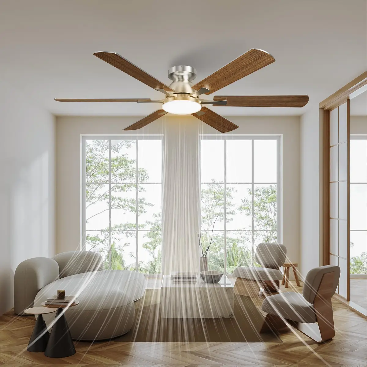 Ventilador de Teto de 132 cm com Luz para Casa, 6 Velocidades | Motor BLDC silencioso, 6 velocidades, função reversa, LED 3 cores, memória, quartos, salas amplas - 1