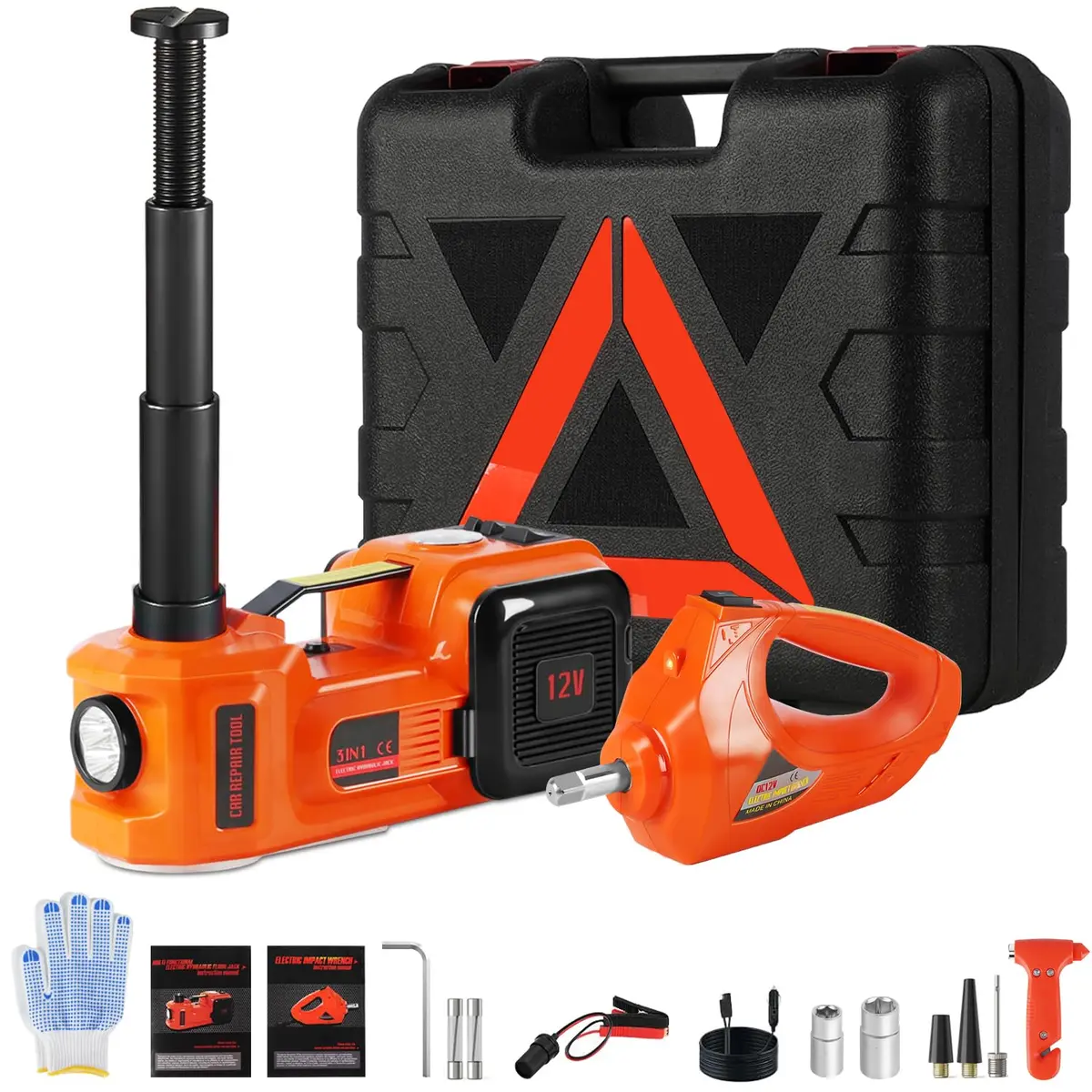 Kit de Macaco para Carro Elétrico 5 Toneladas, Macaco Eletrico para Carro 12 V, Macaco de Piso Hidráulico 3 em 1 com Chave de Impacto e Inflador de Pneus com Luz LED, Faixa de Elevação de 14.5-45 cm