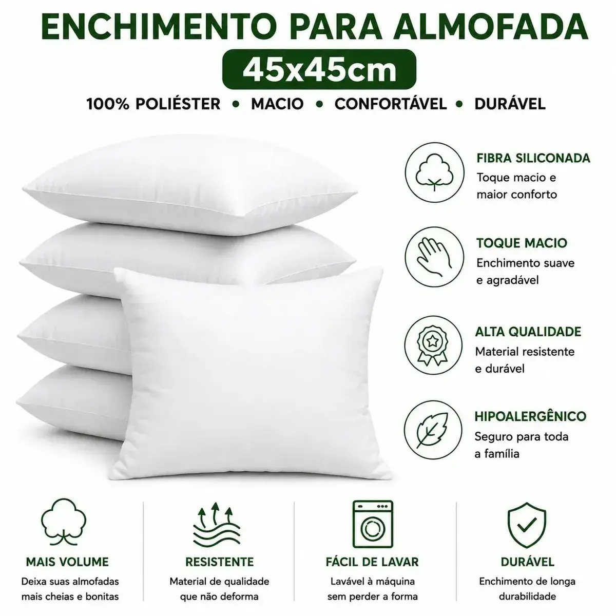 Kit 4 Refis De Almofada Mltm Ecom Super Macio Para Enchimento De Fibra Siliconada Antialérgico 45x45cm Branco Macia Direto De Fábrica thumbnail 2