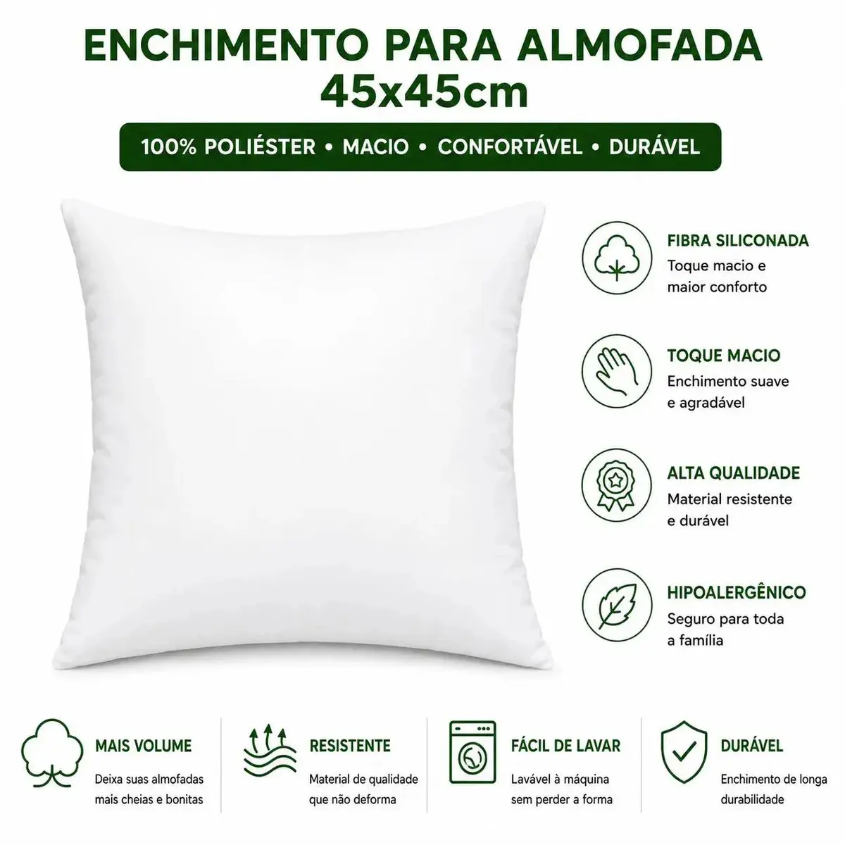 Kit 4 Refis De Almofada Mltm Ecom Super Macio Para Enchimento De Fibra Siliconada Antialérgico 45x45cm Branco Macia Direto De Fábrica thumbnail 8