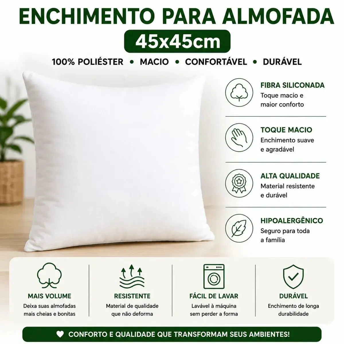Kit 4 Refis De Almofada Mltm Ecom Super Macio Para Enchimento De Fibra Siliconada Antialérgico 45x45cm Branco Macia Direto De Fábrica thumbnail 9