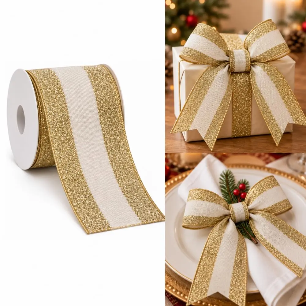 Fita Aramada Natalina Champagne Glitter 3mt x 6,3cm Listras