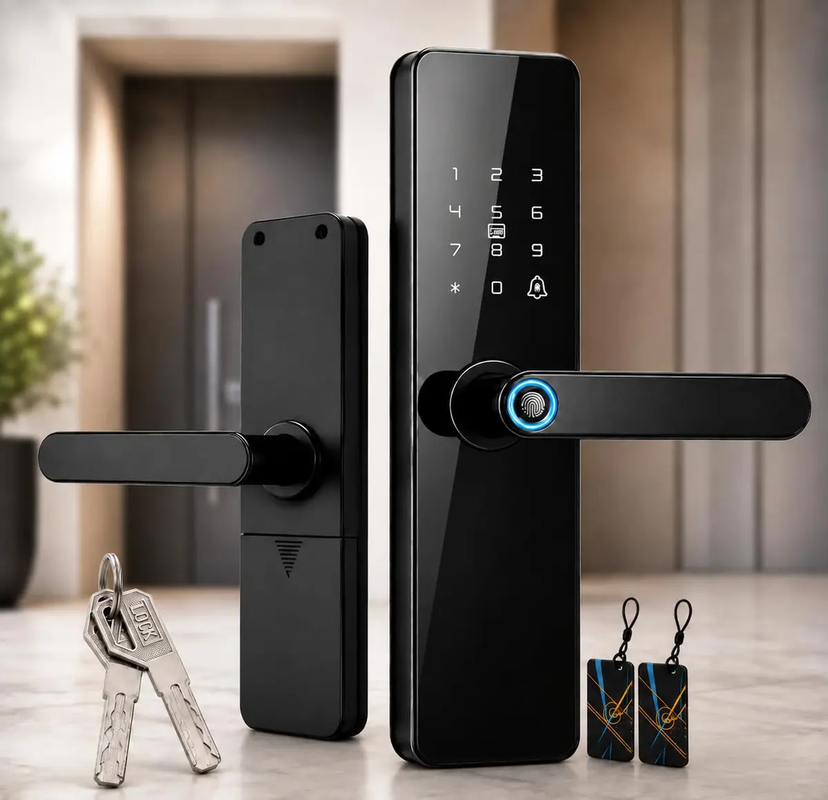 Fechadura Digital Inteligente 4 em 1 | Com Cartão, Senha, Chave, Impressões Digitais