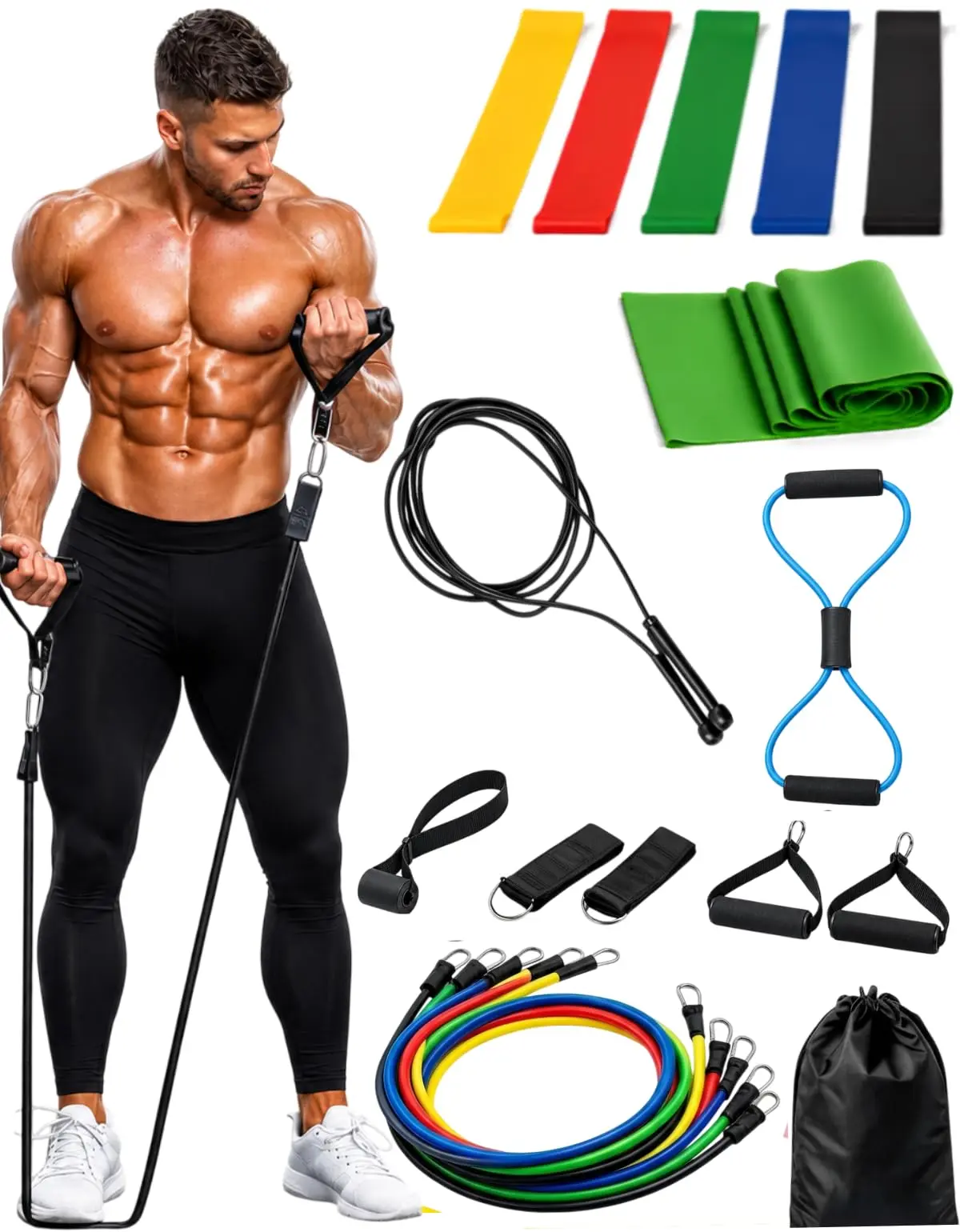 Kit 19 Itens para Exercícios, Treino Elástico, Corda De Pular, Faixa Elástica, Resistência, Academia, Pilates
