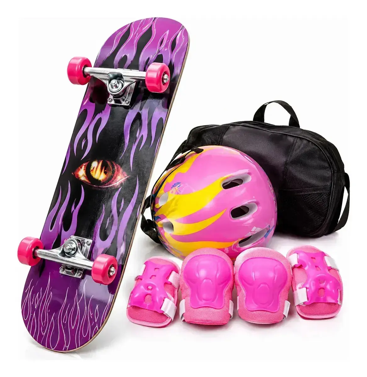 Skate Infantil Estampado C/ Kit De Proteção - Diversas Cores Roxo Fogo