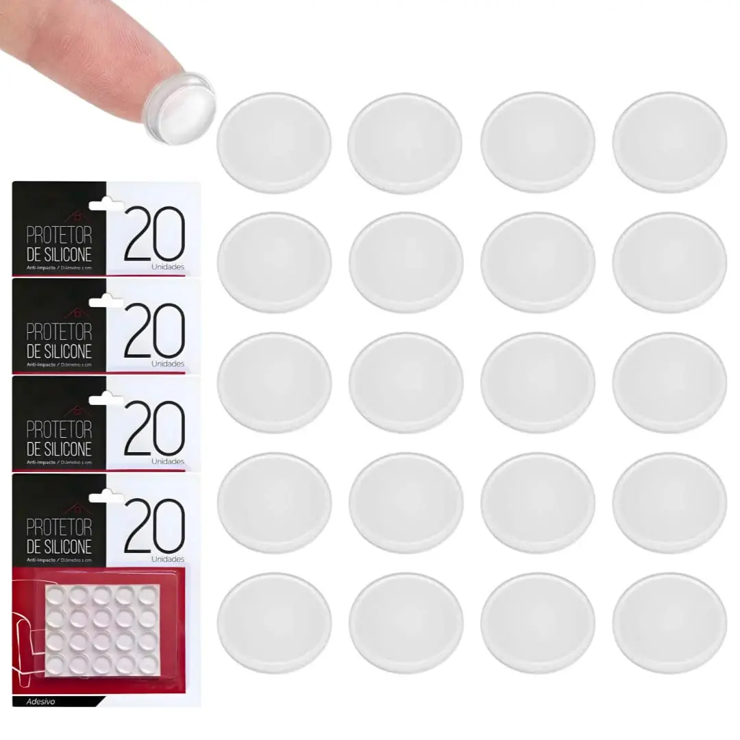 Kit C/80 Protetores de Silicone 1x1cm Anti Impacto Transparente | Adesivo amortecedor que evita riscos, batidas e ruídos em móveis, portas, gavetas, armários e eletrodomésticos.