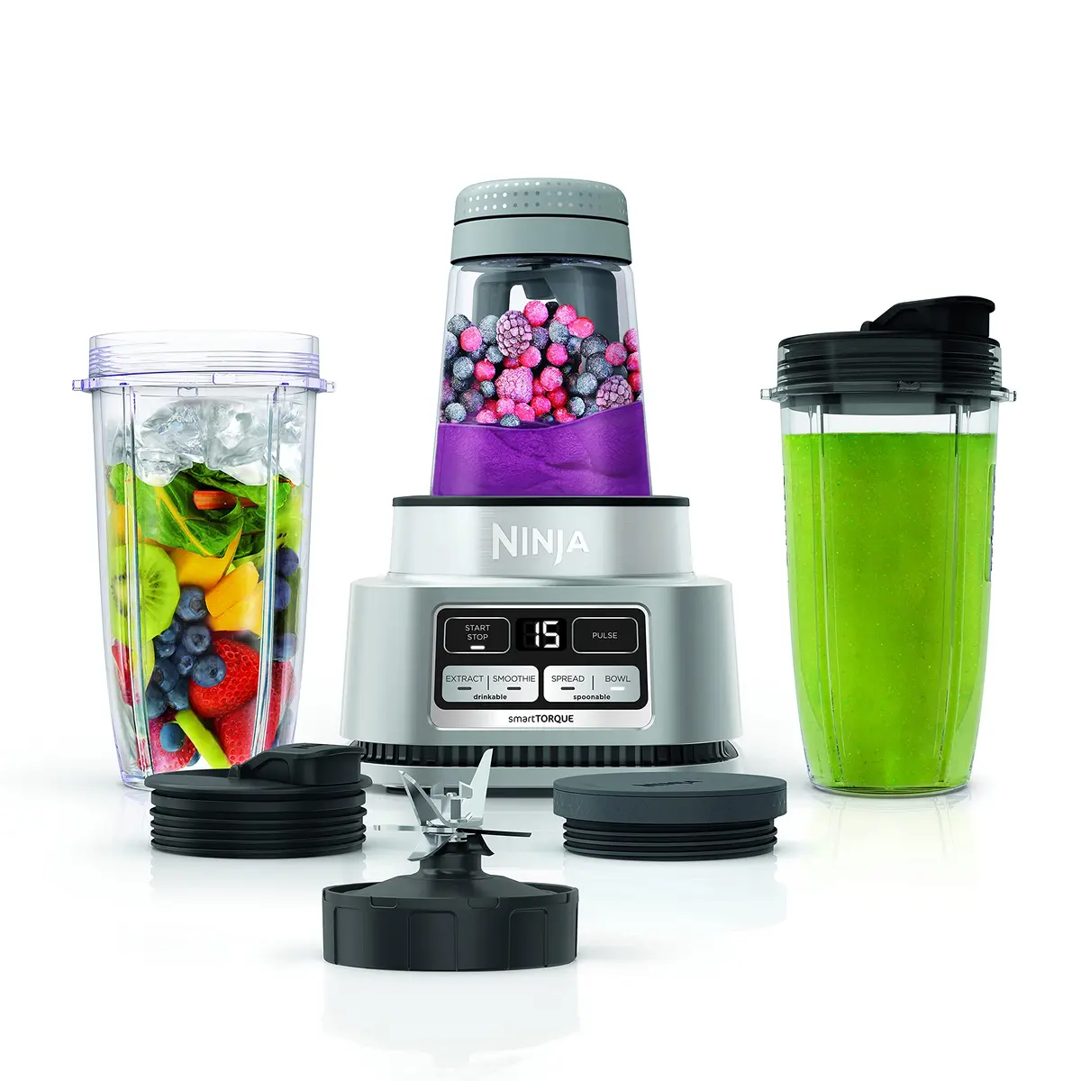Ninja SS101 Foodi Smoothie Maker & Extrator de Nutrientes* 1200 WP, 6 Funções Smoothies, Extratões*, Pastas, SmartTORQUE, 397 g Máquina de Smoothie, (2) Copos e Tampas To-Go Prata - 1