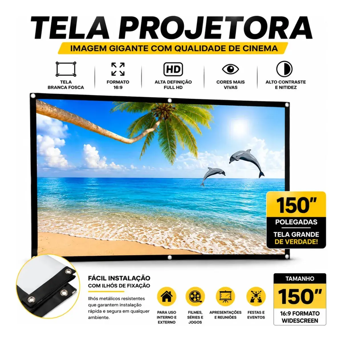 Tela Projeção 150 Polegadas Imagem Nitida Cinema Em Casa 127/220v