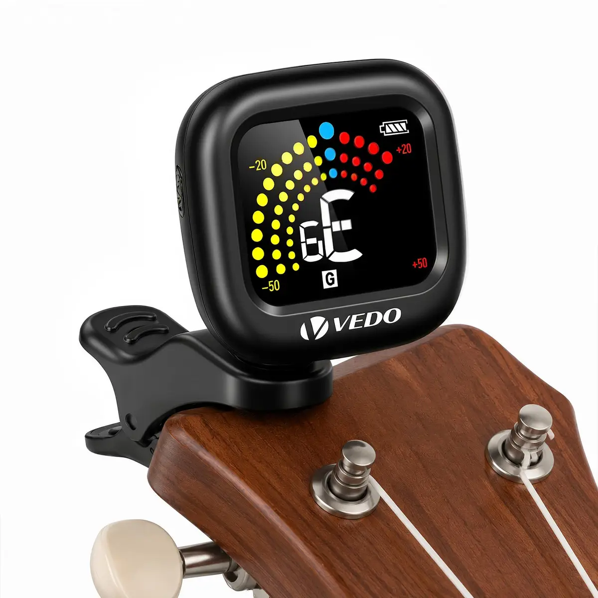 VEDO Afinador Clip Recarregável Preto com Display LCD de Alta Precisão, Afinador Cromático para Guitarra, Violão, Baixo, Ukulele e Violino, Bateria de Lítio 20h, Cabo USB-C, Desligamento Automático