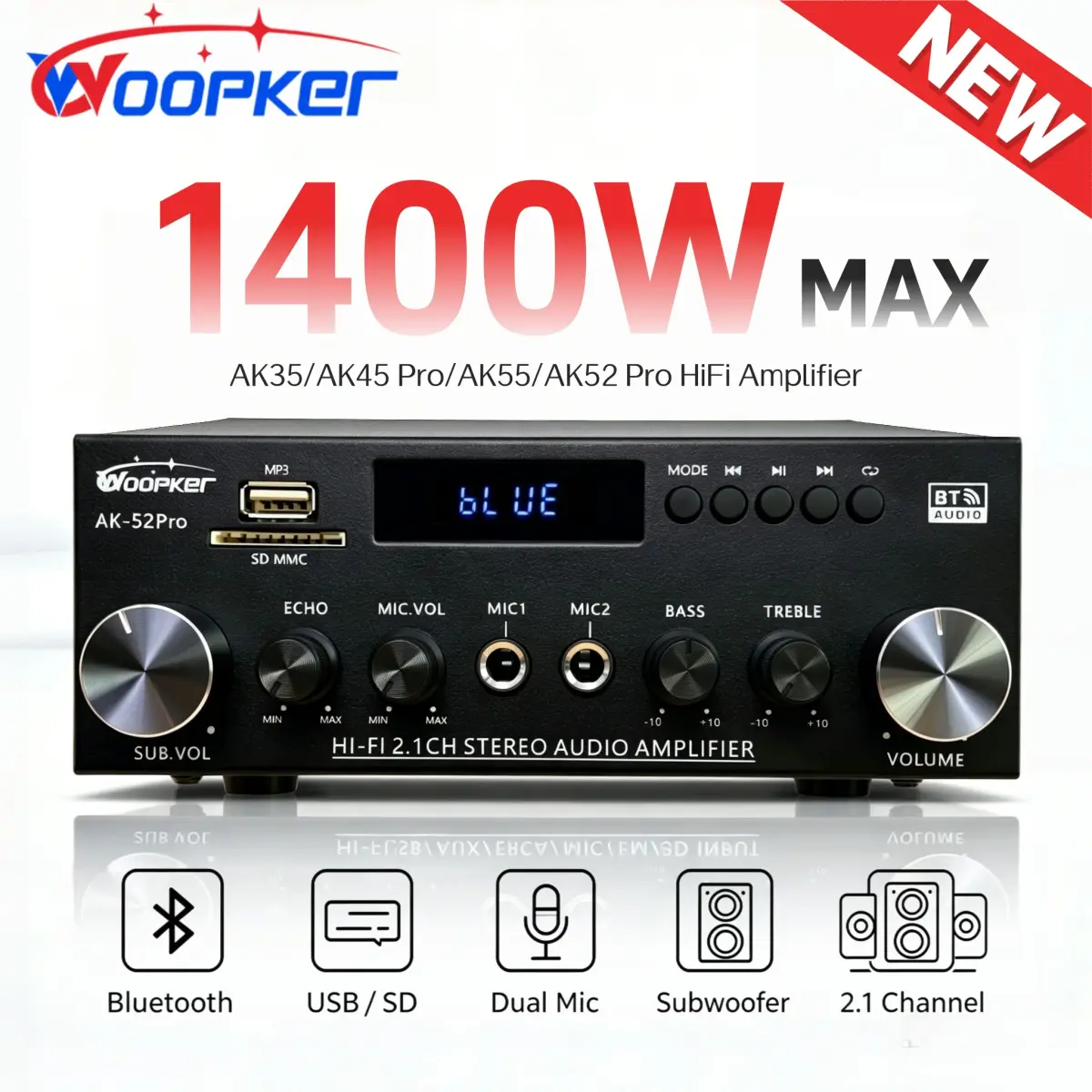 Woopker AK52 Pro AK55 AK45 Pro AK35 Amplificador de Áudio HiFi 2,1 Canais Bluetooth, Receptor Estéreo Digital com Saída de Subwoofer para Sistema de Som Doméstico - 1