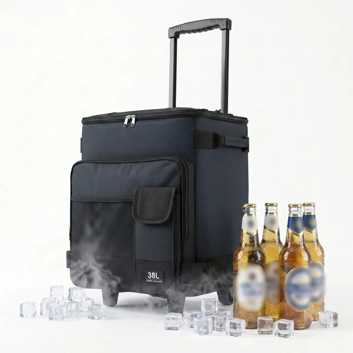 JOYFOX Bolsa Térmica com Rodinhas 38L Cooler Grande Impermeável com Puxador Retrátil e Bolsos Organizadores, Mala Térmica Rígida Tecido Oxford 600D para Camping, Praia, Churrasco e Viagem