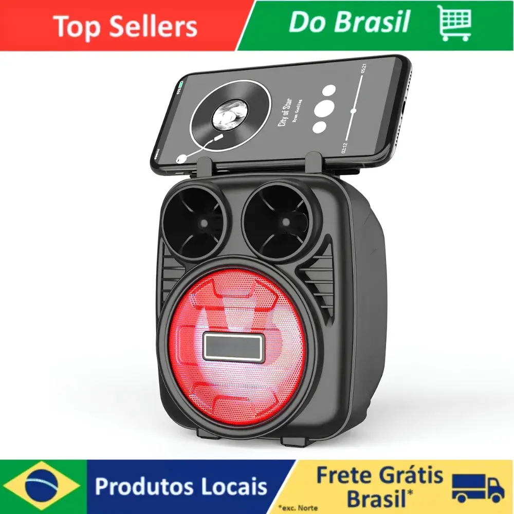 Caixa de Som Portátil Bluetooth com LED Rádio FM USB e SD Musica - 1