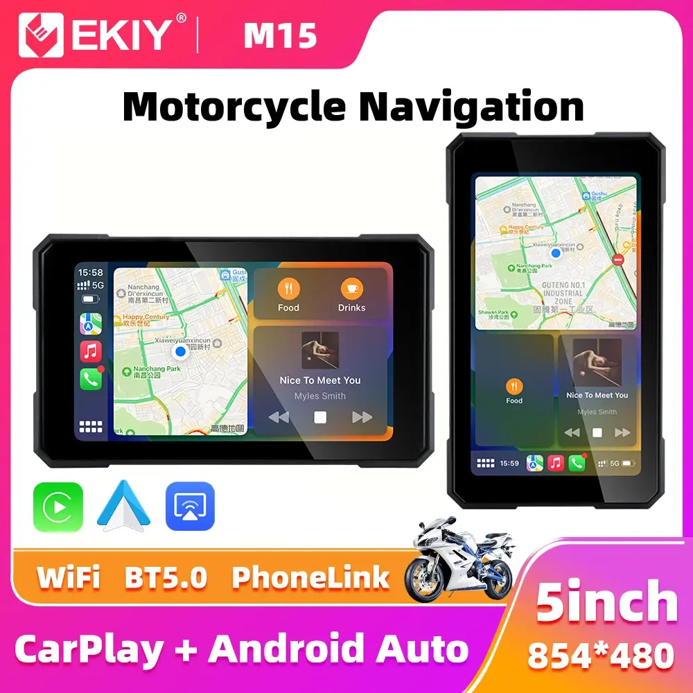 Ekiy 5.0 polegada sem fio carplay moto android auto portátil digital painel da motocicleta navegação gps tela de exibição removível - 1