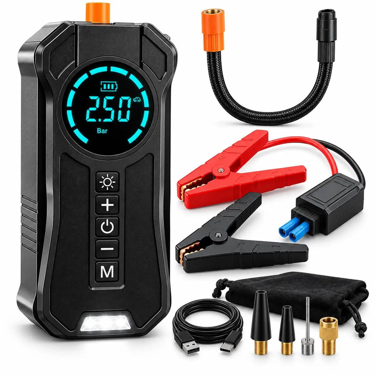 Compressor de Ar Portátil Calibrador de Pneus 150 PSI com Partida 1000A | Inflador de pneus, bomba de ar digital 4 em 1 para carro, moto e bicicleta, com powerbank 6000mAh