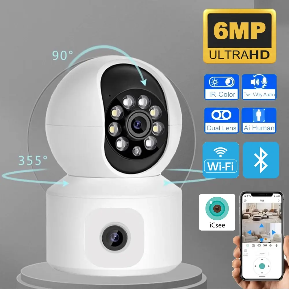 Câmera IP WiFi ICSEE 6MP com Lente Dupla e Tela Dupla, Câmera de Segurança para Casa com Rastreamento Automático, Monitor de Bebê, Câmera de Vigilância CCTV - 1
